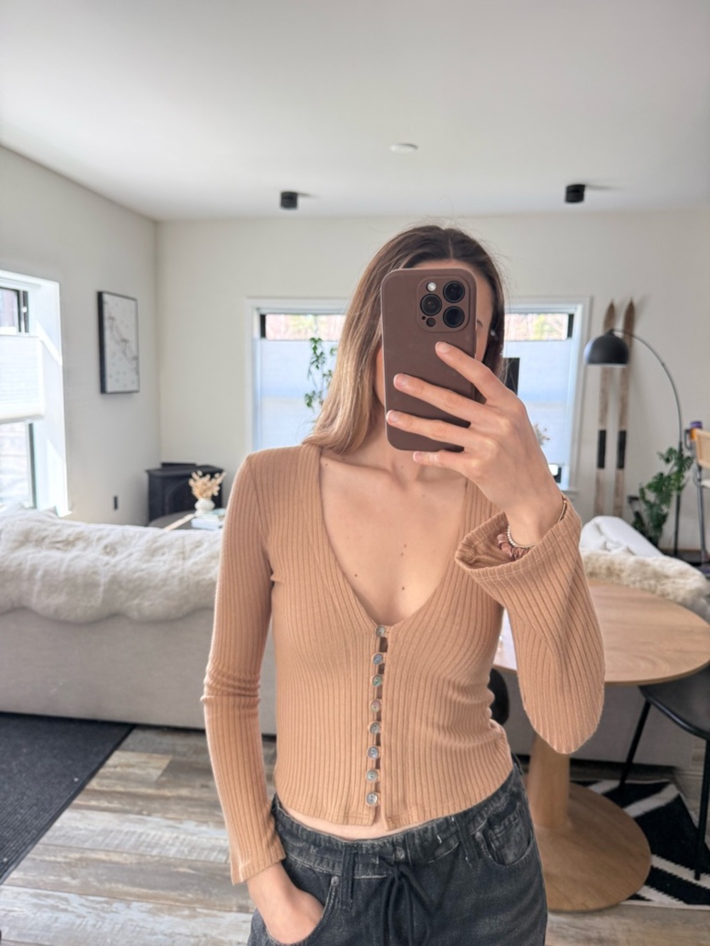 Reformation Camel Ribbed V-Neck Button Long Sleeve Top